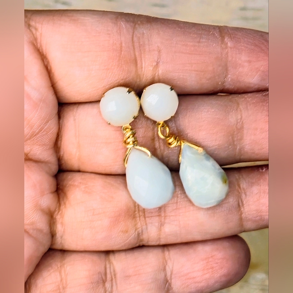 Natural Blue Peruvian Amazonite In Two Settings Gold Plated Mystical Earrings - Picture 5 of 8